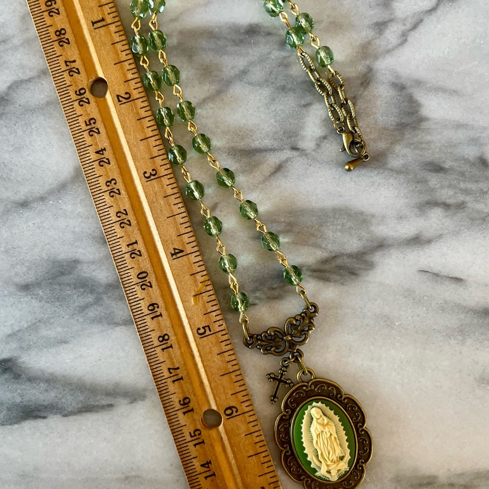 Vintage Style Guadalupe Cream on Green Cameo Necklace, Austrian Peridot Crystals - Picture 10 of 17